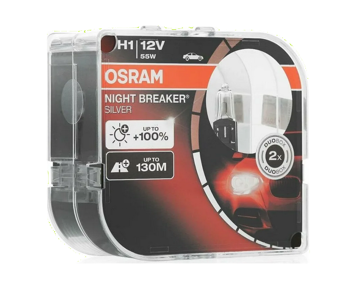 Автолампа 12V Н1 (55) Р14.5s+100% NIGHT BREAKER SILVER (евробокс, 2шт) OSRAM (О-64150NBS2)