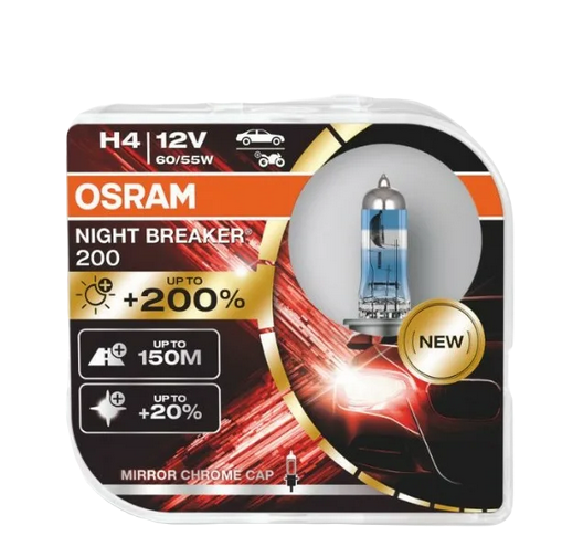 Автолампа 12V Н4 (60/55) P43t+200% NIGHT BREAKER 200 4050K (Евробокс, 2шт) OSRAM (О-64193NB200(EURO)