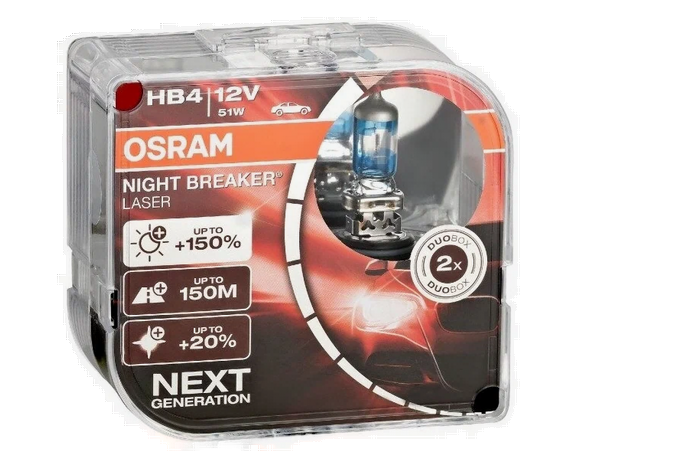 Автолампа 12V HB4 (51) P22D+150% NIGHT BREAKER LASER 3950K (Евробокс, 2шт) OSRAM (O-9006NL2(EURO)