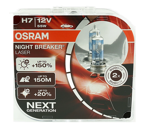 Автолампа 12V Н7 (55) PX26d+150% NIGHT BREAKER LASER 3750K (Евробокс, 2шт) OSRAM (О-64210NL2(EURO