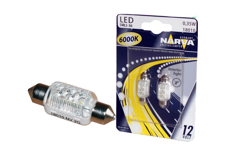 Автолампа 12V C5W (0.35W) SV8.5 35мм 3LED 6000K (блистер, 2шт) NARVA (N-18010-2бл)