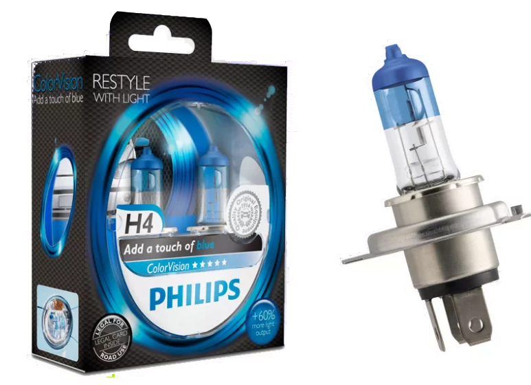 Автолампа 12V H4 (60/55) PK43t-38+60% COLOR VISION BLUE 3350K (2шт) PHILIPS (P-12342CVPB2)