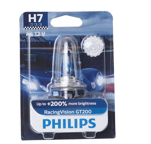 Автолампа 12V H7 (55) PX26d +200% Racing Vision GT200 3400K (блистер) PHILIPS (P-12972RGTбл)