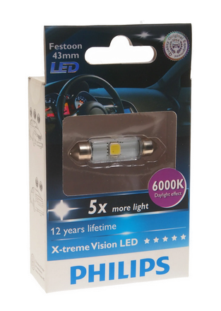 Автолампа 12V C5W (SV8.5/8) 43мм X-Treme VISION LED 6000K PHILIPS (Р-12946LED)