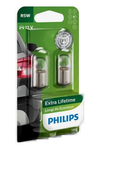 Автолампа 12V R5W (W2.1*9.5d) LONG LIFE ECO VISION (блистер, 2шт) PHILIPS (P-12821LLECO2бл)